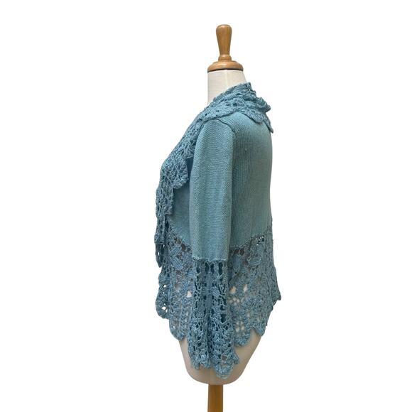 VTG Nine West Cardigan Sz L Blue Ramie Open Front Crochet Bell Sleeve Boho Y2K - Picture 3 of 10